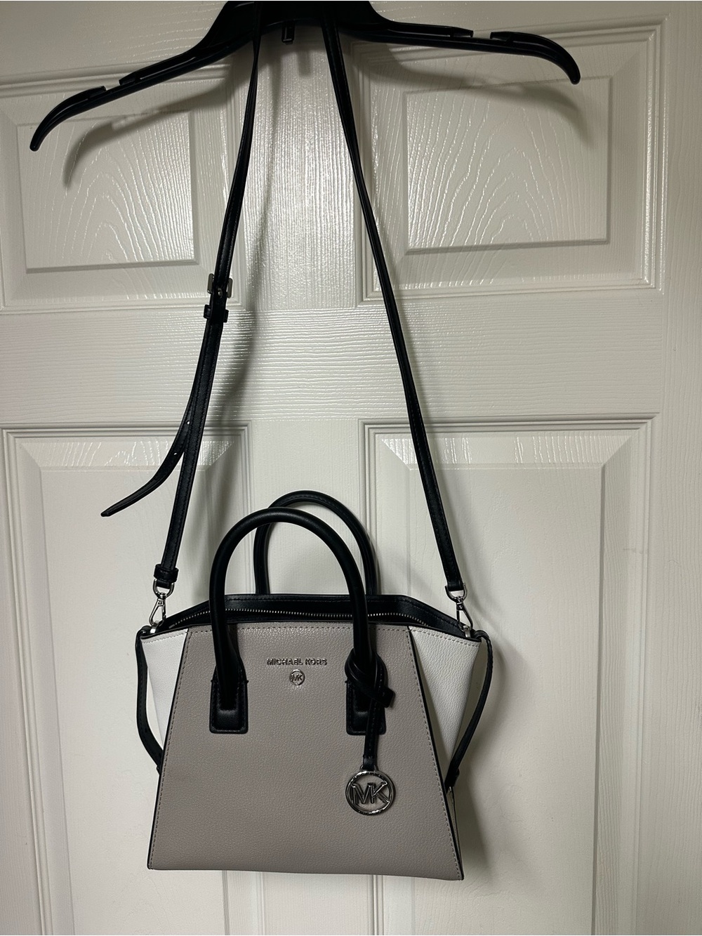 Michael Kors Kris Two-Tone Leather Satchel in Gray, White & Black - Picture 2 of 7